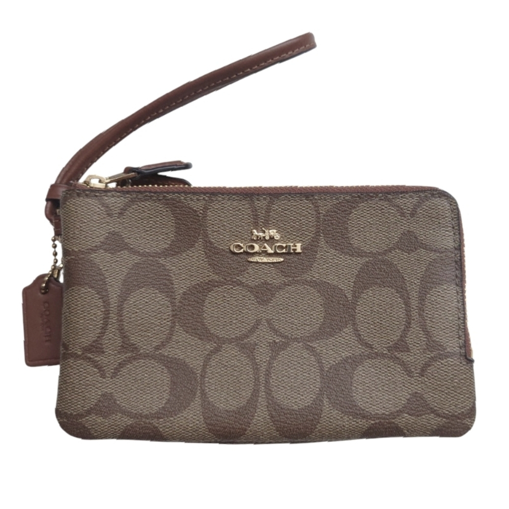 COACH Double Corner Zip Wristlet Wallet In Signature Coated Canvas Brown Khaki